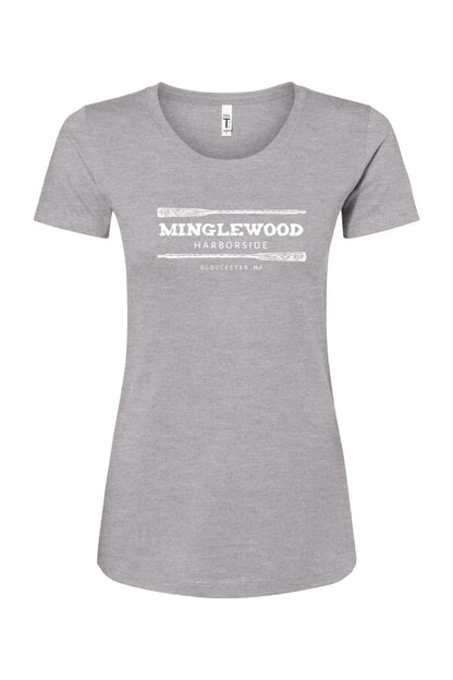 Heather grey women's cotton blend crewneck t-shirt featuring a white Minglewood Harborside logo with oar graphics.