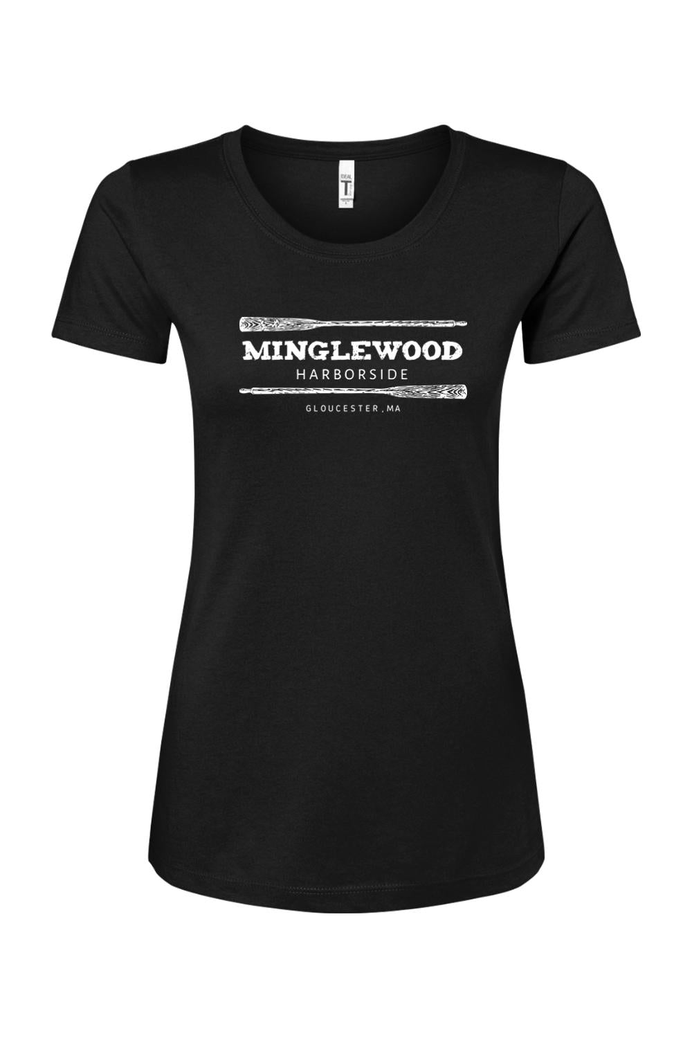 Black women's cotton blend crewneck t-shirt featuring a white Minglewood Harborside logo with oar graphics.