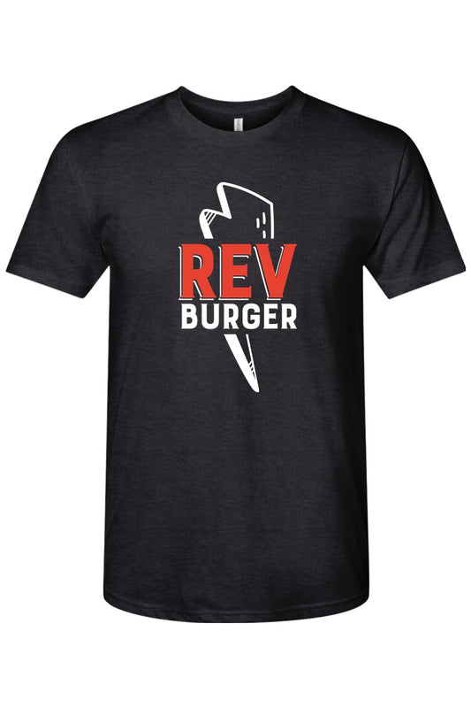 Black tri-blend crew neck t-shirt featuring a white and red Rev Burger logo graphic on the chest.
