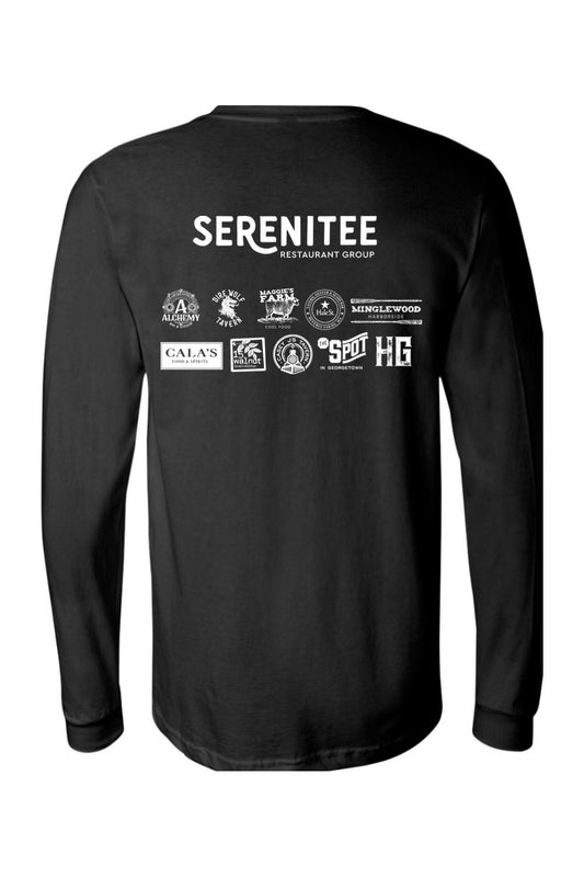 Black long-sleeve 100% cotton staff shirt featuring the white Serenitee Restaurant Group logo and location branding.