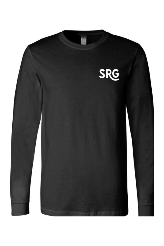 Black long-sleeve 100% cotton crew neck shirt featuring a white SRG logo on the left chest.