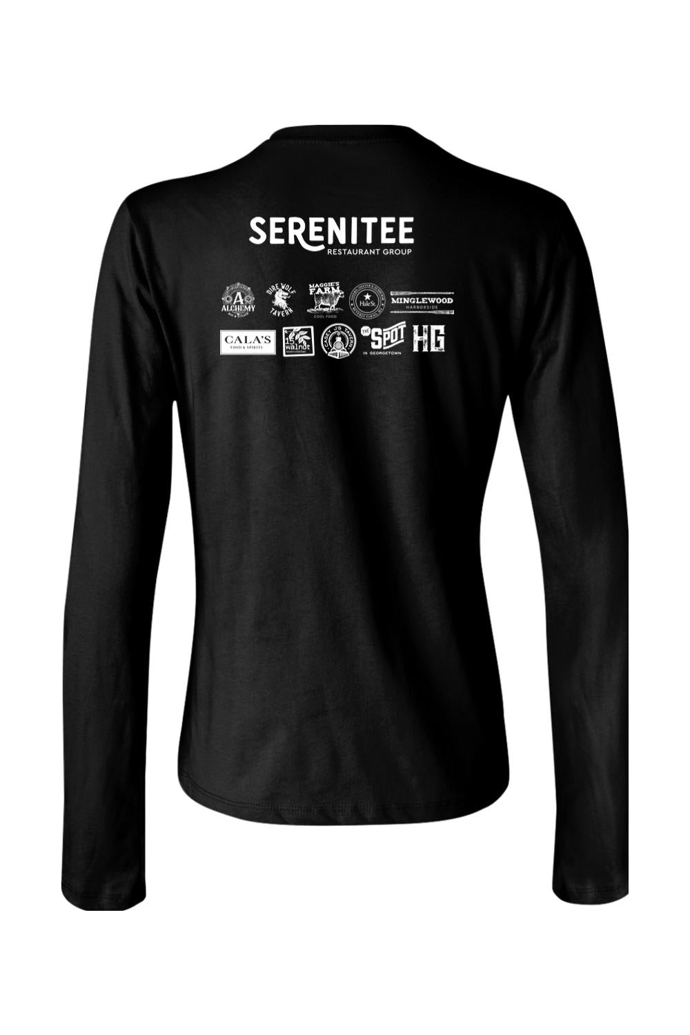 Black women's long-sleeve cotton uniform t-shirt featuring the white Serenitee Restaurant Group logo on the back.
