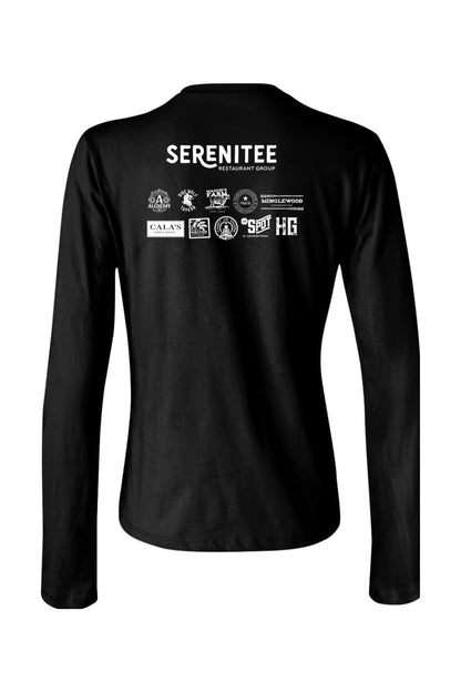 Black women's long-sleeve cotton uniform t-shirt featuring the white Serenitee Restaurant Group logo on the back.