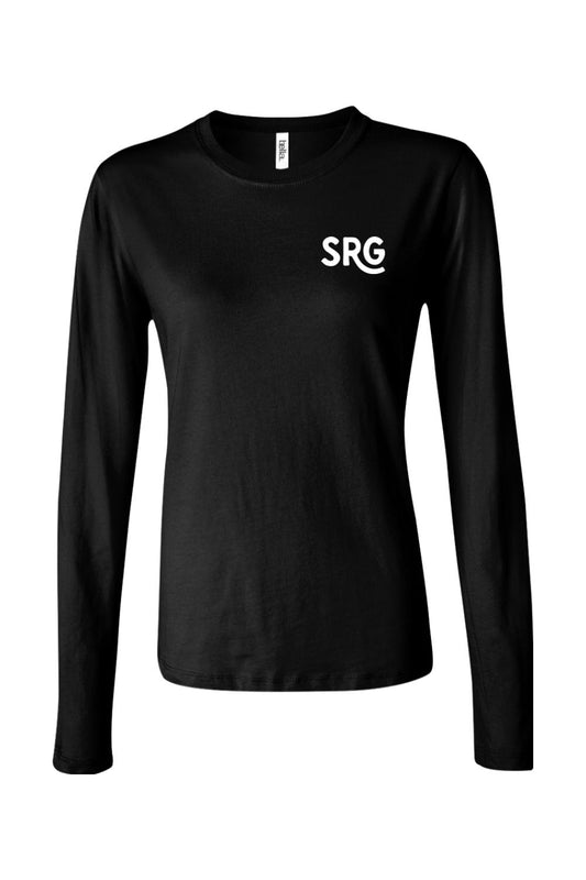 Women's black long-sleeve 100% cotton crewneck t-shirt featuring a white SRG logo on the chest.