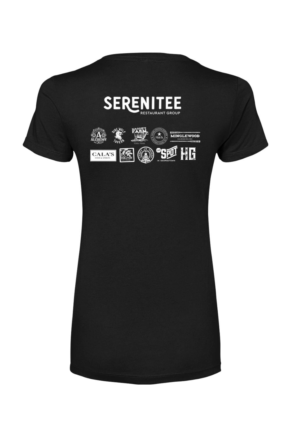 Black women's cotton-blend t-shirt featuring the white Serenitee Restaurant Group logo and various restaurant icons.