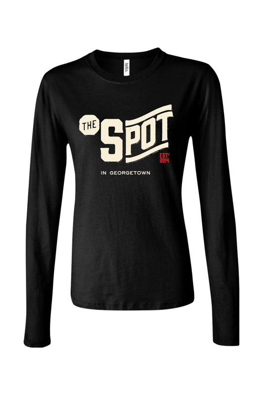 Women's black long sleeve cotton t-shirt featuring The Spot Georgetown logo in white and red text.