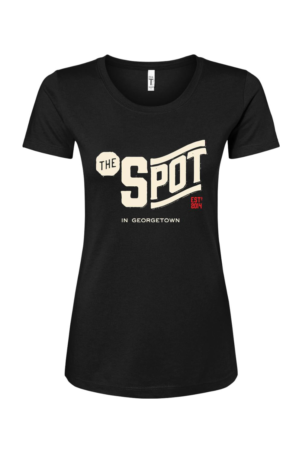 Black women's cotton blend crew neck t-shirt featuring The Spot Georgetown logo in white and red text.