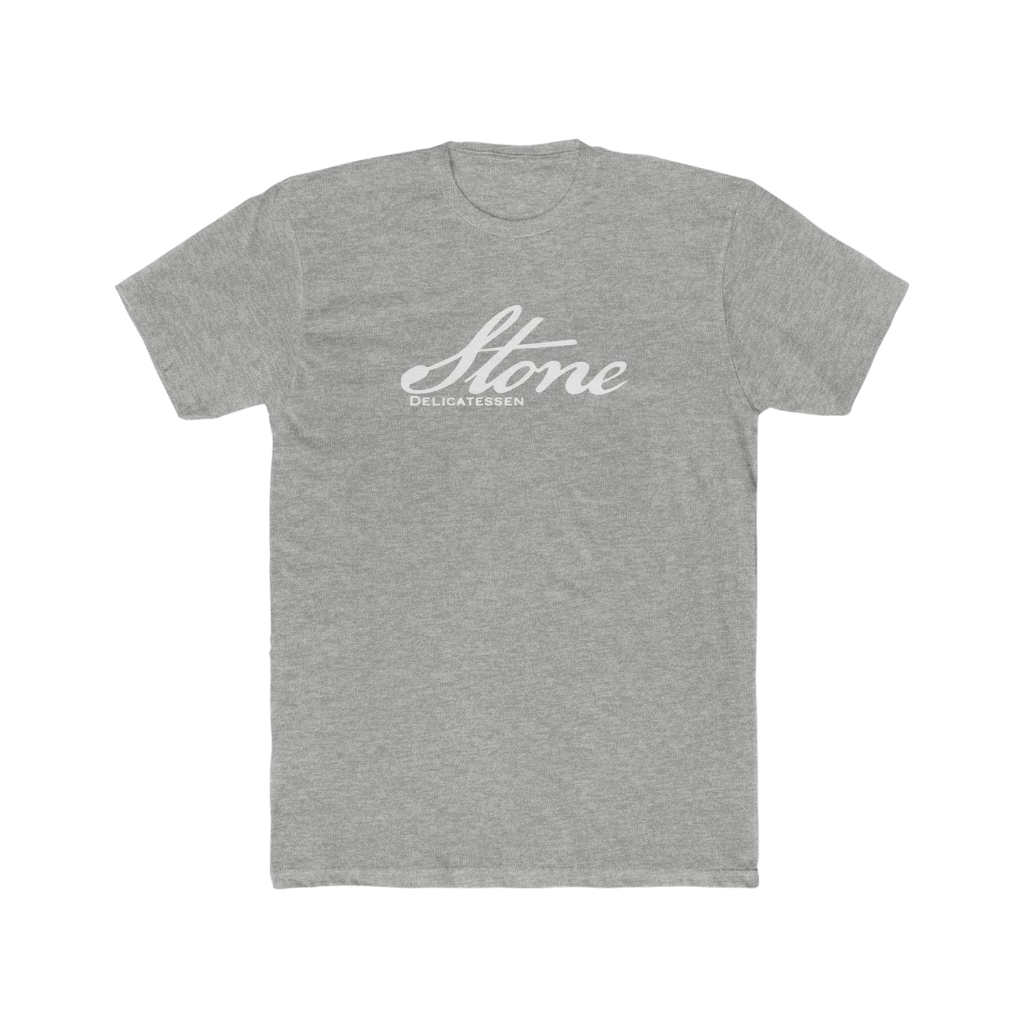 Grey heather cotton crewneck t-shirt featuring a white Stone Delicatessen script logo on the chest.