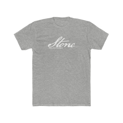 Grey heather cotton crewneck t-shirt featuring a white Stone Delicatessen script logo on the chest.
