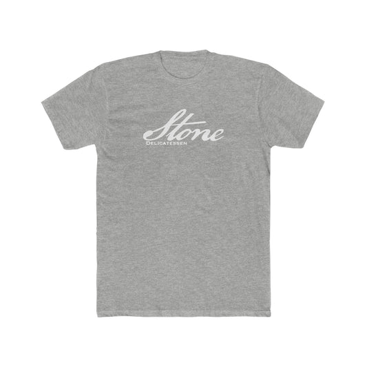 Grey heather cotton crewneck t-shirt featuring a white Stone Delicatessen script logo on the chest.