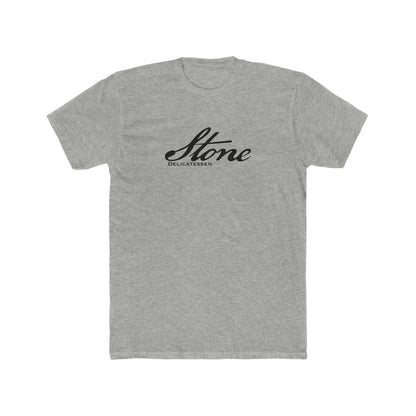 Grey heather cotton crewneck t-shirt featuring a black script Stone Delicatessen logo on the chest.