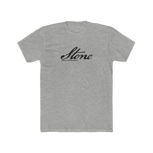 Grey heather cotton crewneck t-shirt featuring a black script Stone Delicatessen logo on the chest.