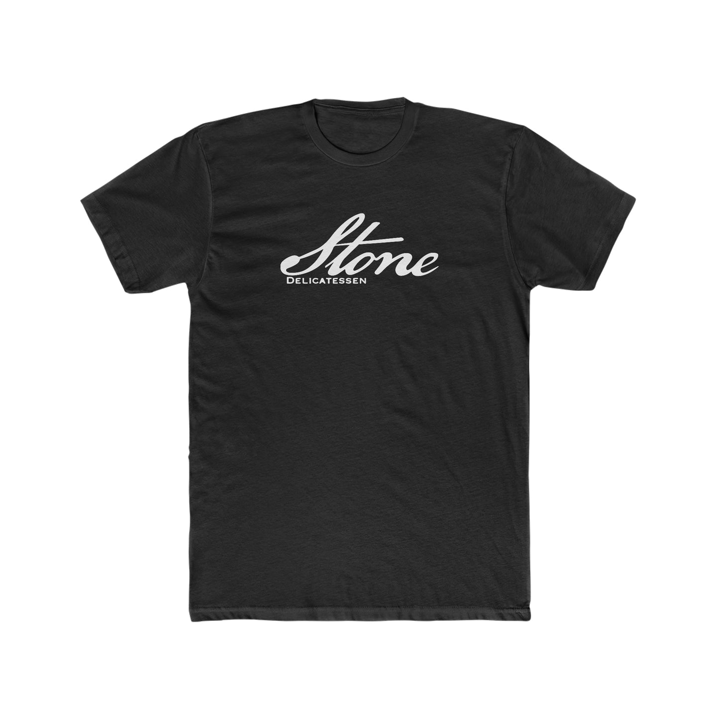 Black premium cotton crewneck t-shirt featuring a white Stone Delicatessen script logo on the chest.