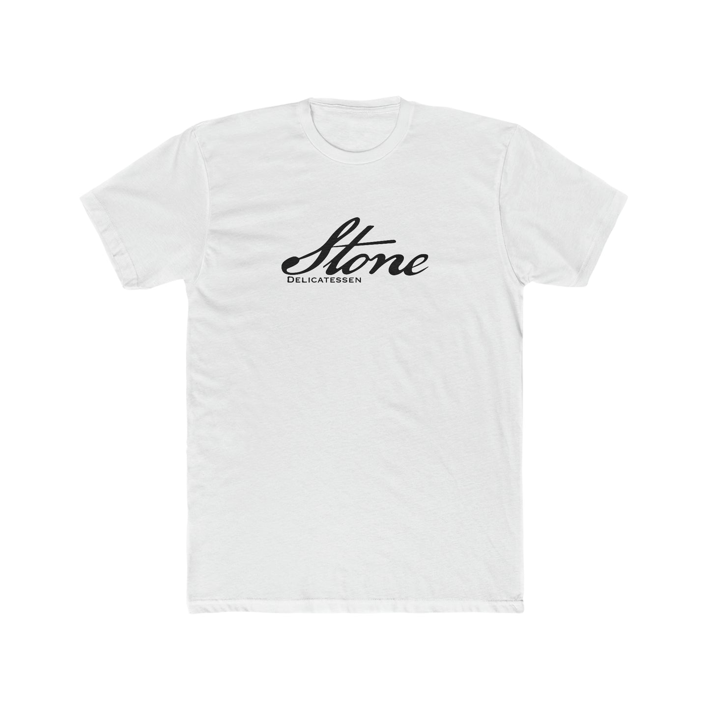 White premium cotton crewneck t-shirt featuring a black Stone Delicatessen script logo on the chest.
