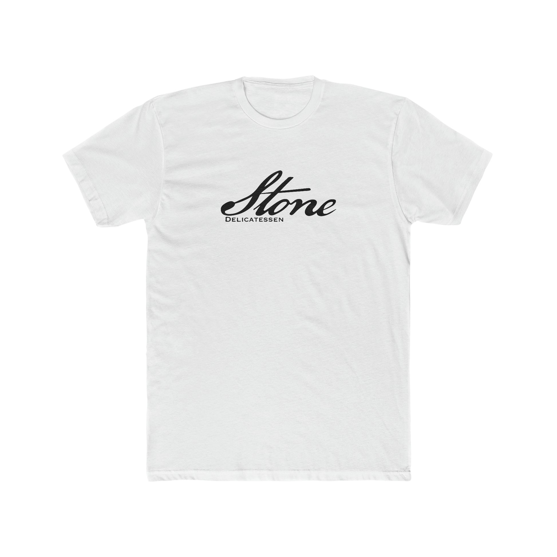 White premium cotton crewneck t-shirt featuring a black Stone Delicatessen script logo on the chest.