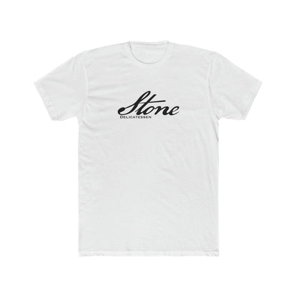 White premium cotton crewneck t-shirt featuring a black Stone Delicatessen script logo on the chest.