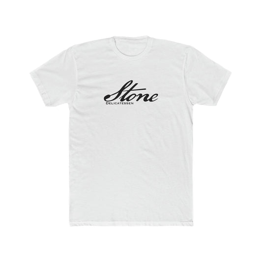 White premium cotton crewneck t-shirt featuring a black Stone Delicatessen script logo on the chest.
