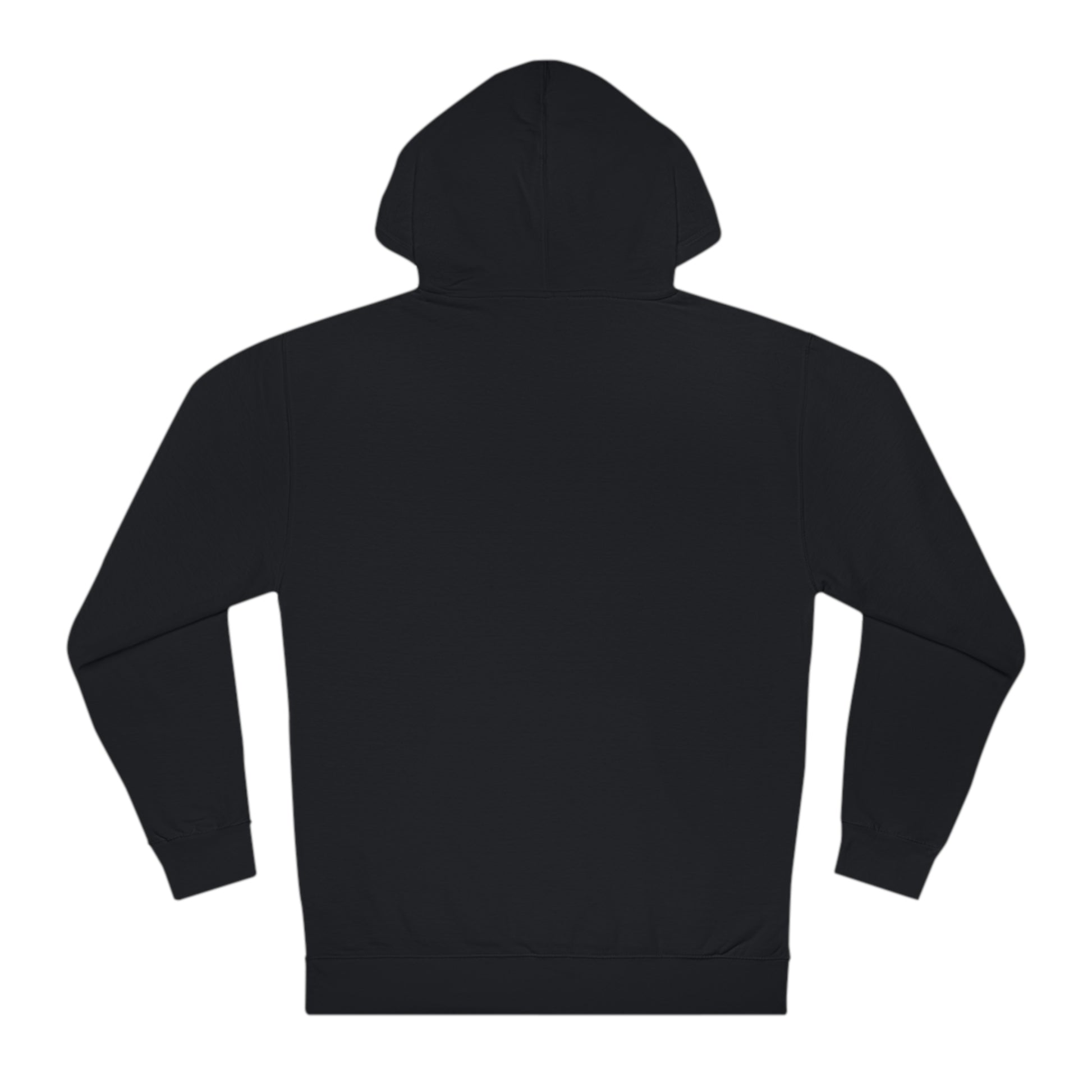 Back view of a plain black men's hooded sweatshirt in a regular fit, made from medium-heavy cotton-polyester fleece.