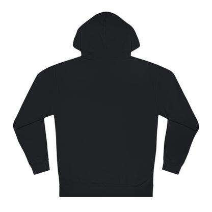 Back view of a plain black men's hooded sweatshirt in a regular fit, made from medium-heavy cotton-polyester fleece.