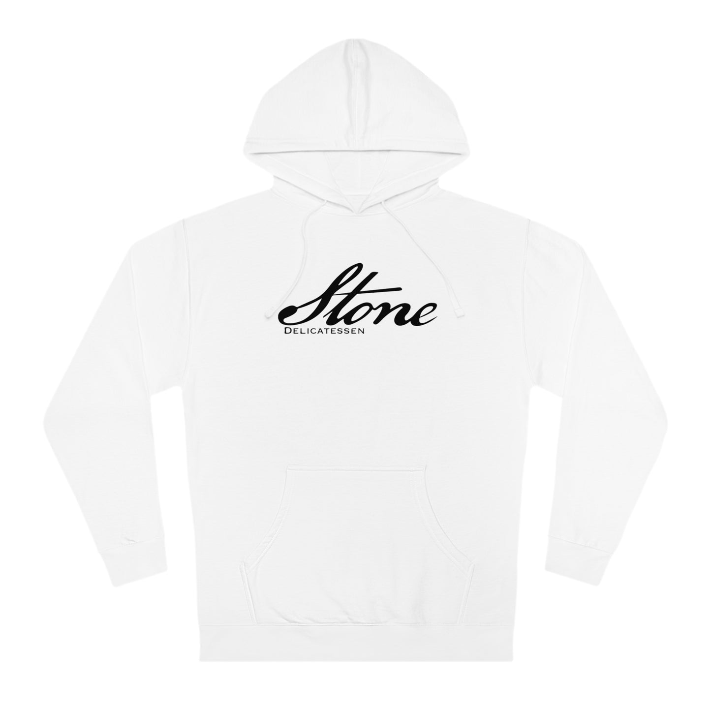 White cotton-blend fleece hoodie featuring a black Stone Delicatessen script logo on the chest and a front pouch pocket.