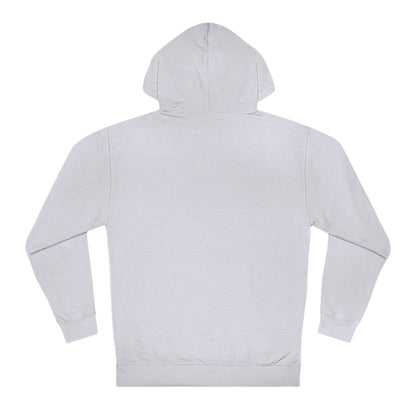 Back view of a stone-colored men's regular fit fleece hooded sweatshirt with long sleeves.