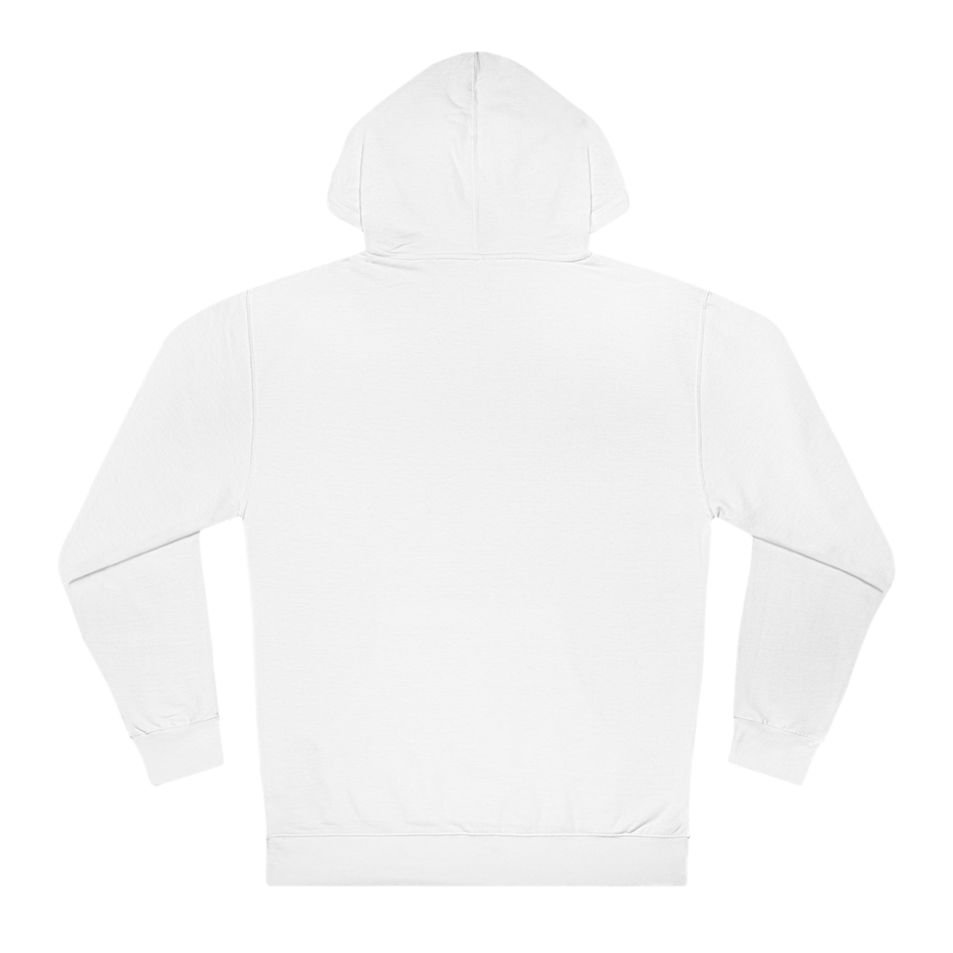Back view of a plain white men's regular fit hooded sweatshirt made from soft cotton-blend fleece.