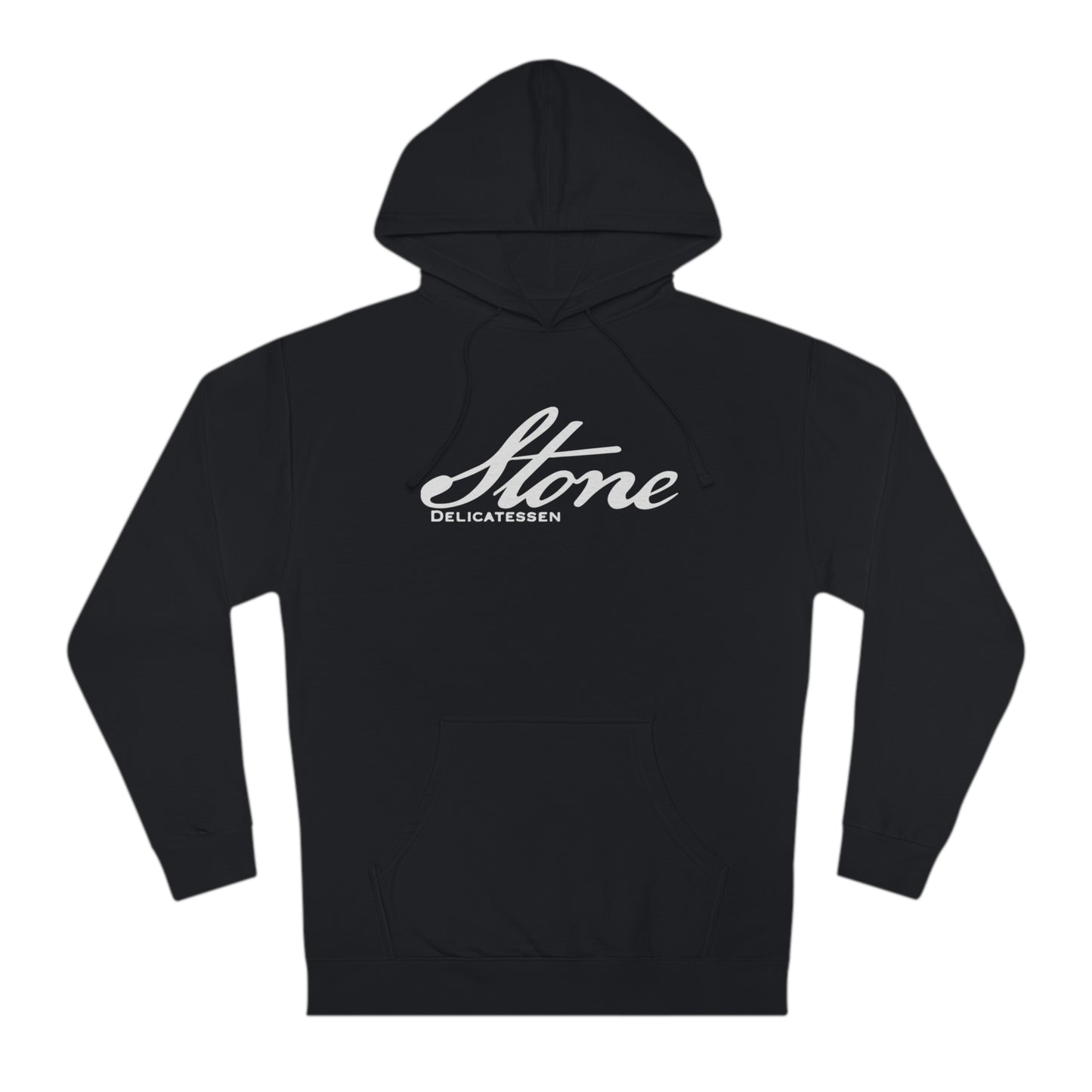 Black cotton-blend fleece hoodie featuring a white Stone Delicatessen script logo on the chest.