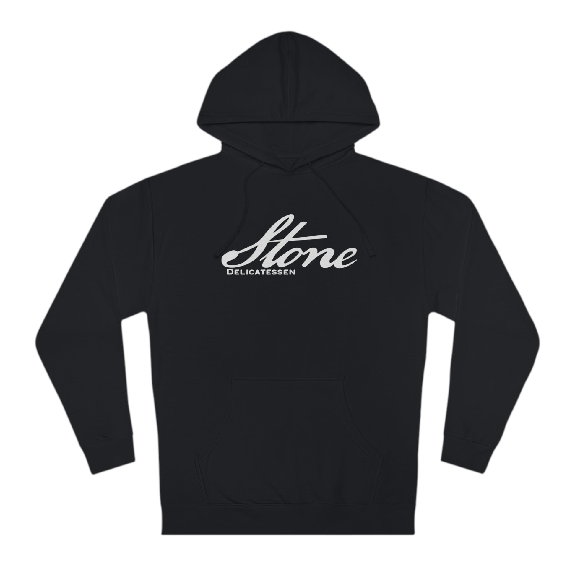 Black cotton-blend fleece hoodie featuring a white Stone Delicatessen script logo on the chest.