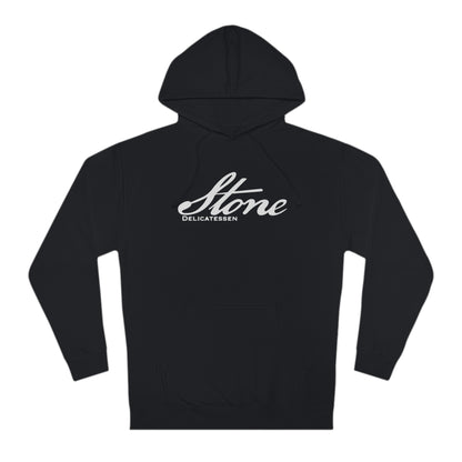 Black cotton-blend fleece hoodie featuring a white Stone Delicatessen script logo on the chest.