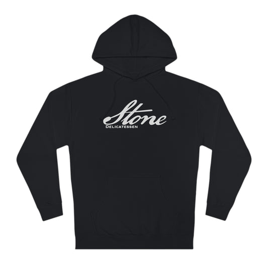 Black cotton-blend fleece hoodie featuring a white Stone Delicatessen script logo on the chest.