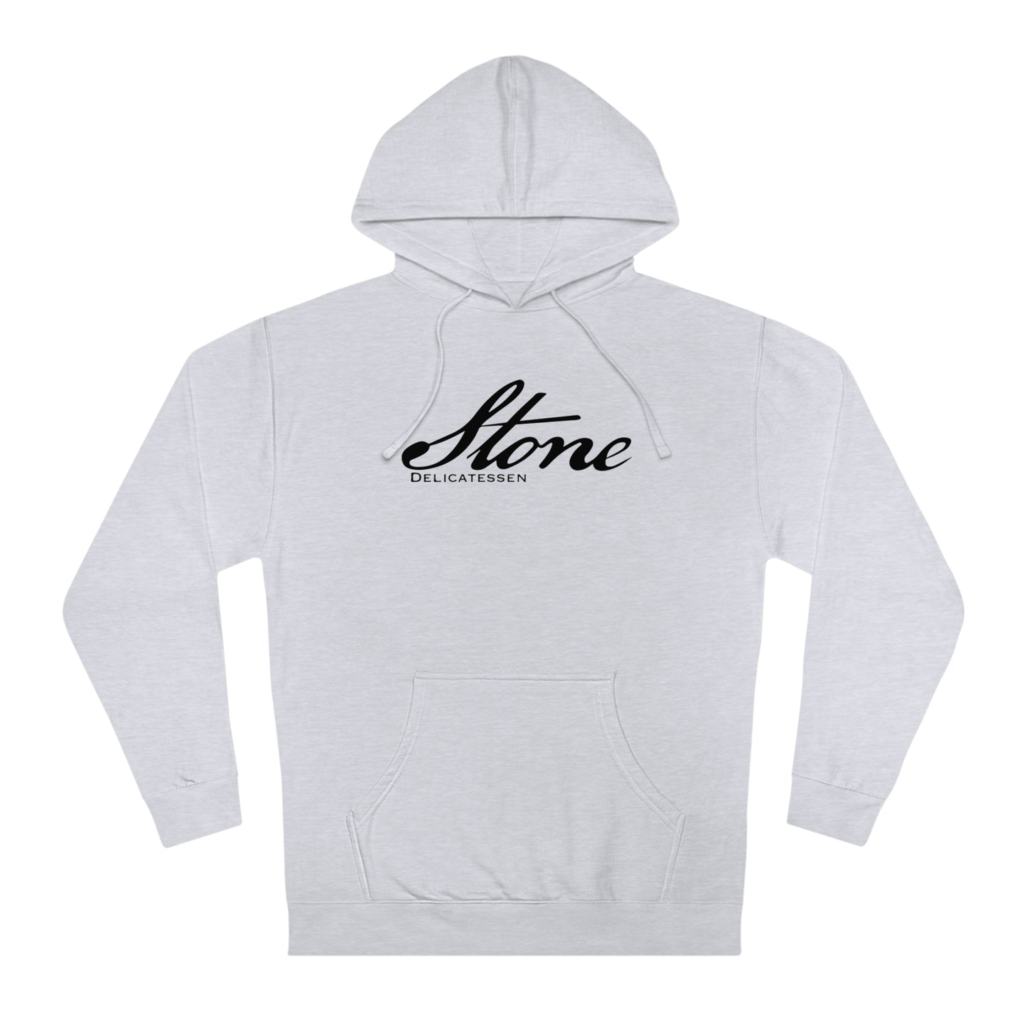 Light grey men's fleece hooded sweatshirt with a black Stone Delicatessen script logo on the chest and front pocket.