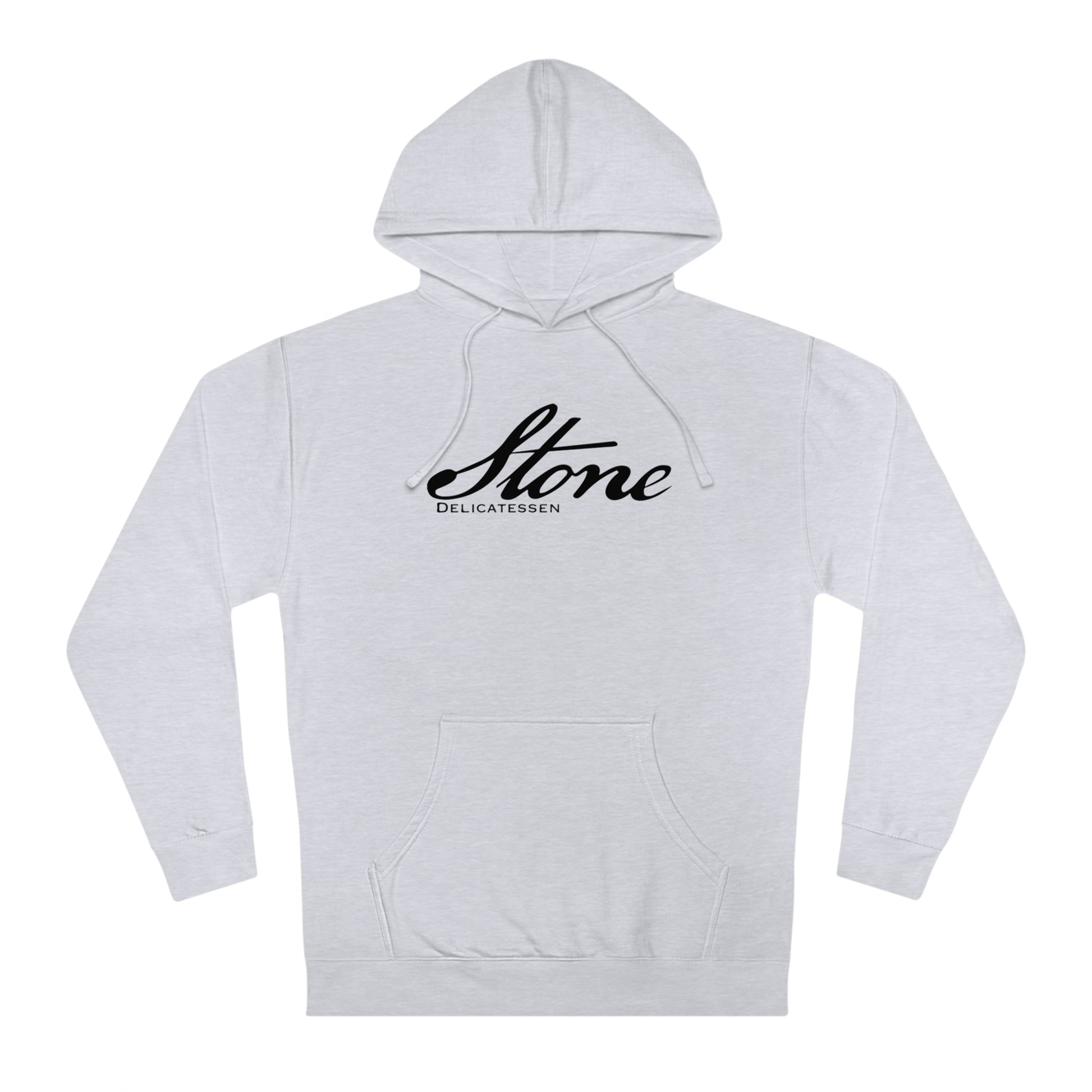 Light grey men's fleece hooded sweatshirt with a black Stone Delicatessen script logo on the chest and front pocket.