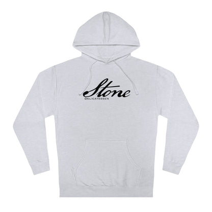 Light grey men's fleece hooded sweatshirt with a black Stone Delicatessen script logo on the chest and front pocket.