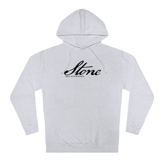 Light grey men's fleece hooded sweatshirt with a black Stone Delicatessen script logo on the chest and front pocket.