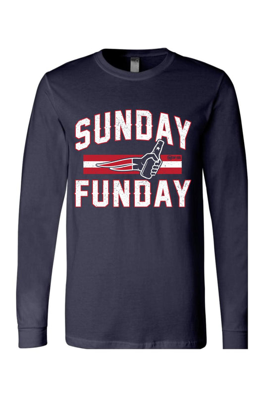 Navy blue long-sleeve cotton t-shirt with white and red Sunday Funday graphic featuring a hand holding a bottle.