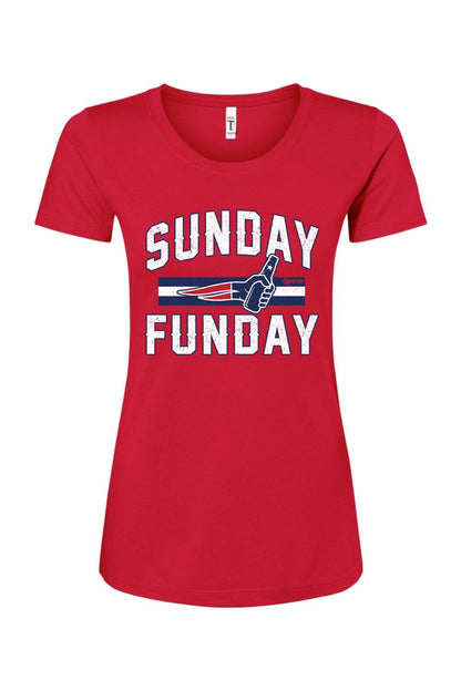 Red women's cotton blend crewneck t-shirt featuring a white Sunday Funday graphic with a football-themed beer bottle.