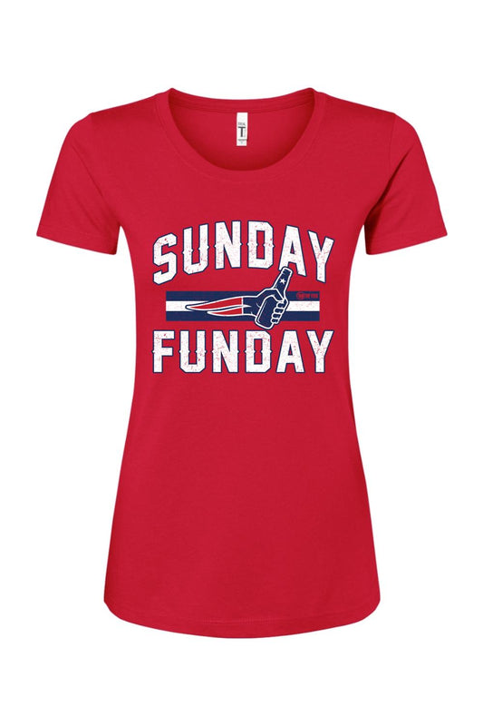Red women's cotton blend crewneck t-shirt featuring a white Sunday Funday graphic with a football-themed beer bottle.