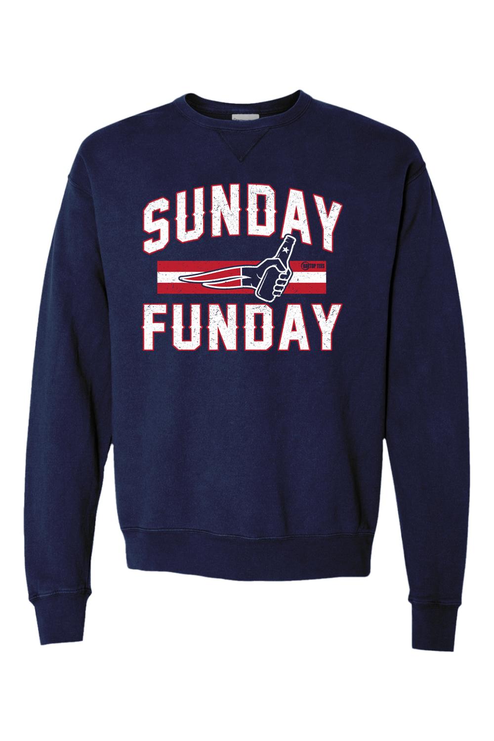 Navy blue garment-dyed crewneck sweatshirt featuring a vintage-style Sunday Funday graphic with a beer bottle print.
