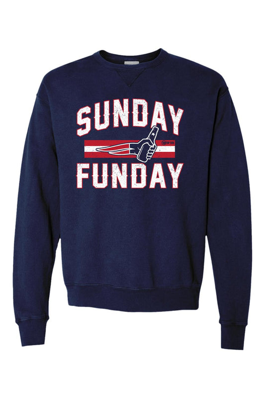 Navy blue garment-dyed crewneck sweatshirt featuring a vintage-style Sunday Funday graphic with a beer bottle print.