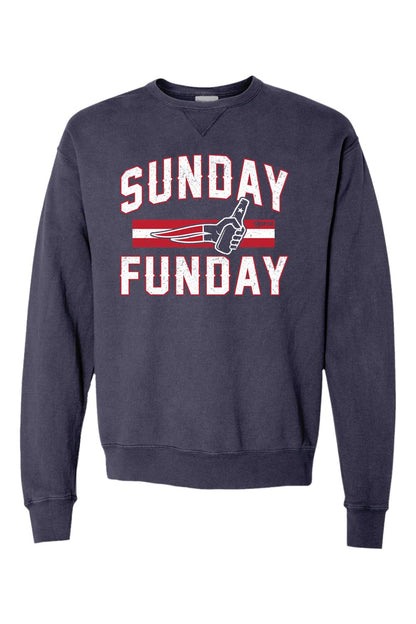 Navy blue garment-dyed crewneck sweatshirt with vintage-style Sunday Funday graphic and beer bottle print.