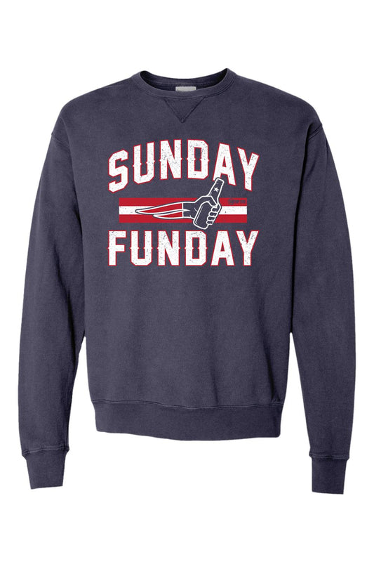 Navy blue garment-dyed crewneck sweatshirt with vintage-style Sunday Funday graphic and beer bottle print.