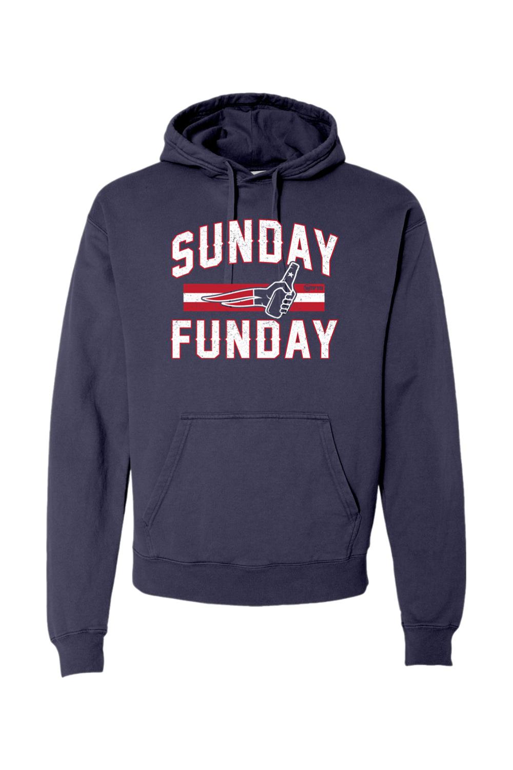 Navy blue garment-dyed hoodie with a distressed white and red Sunday Funday graphic and front kangaroo pocket.