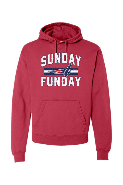 Red garment-dyed hooded sweatshirt with white Sunday Funday graphic and football-themed beer bottle print.