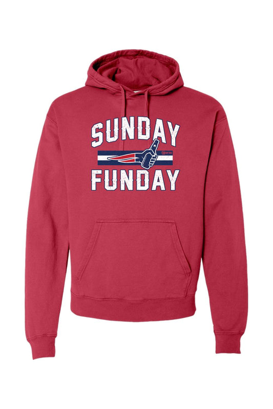Red garment-dyed hooded sweatshirt with white Sunday Funday graphic and football-themed beer bottle print.