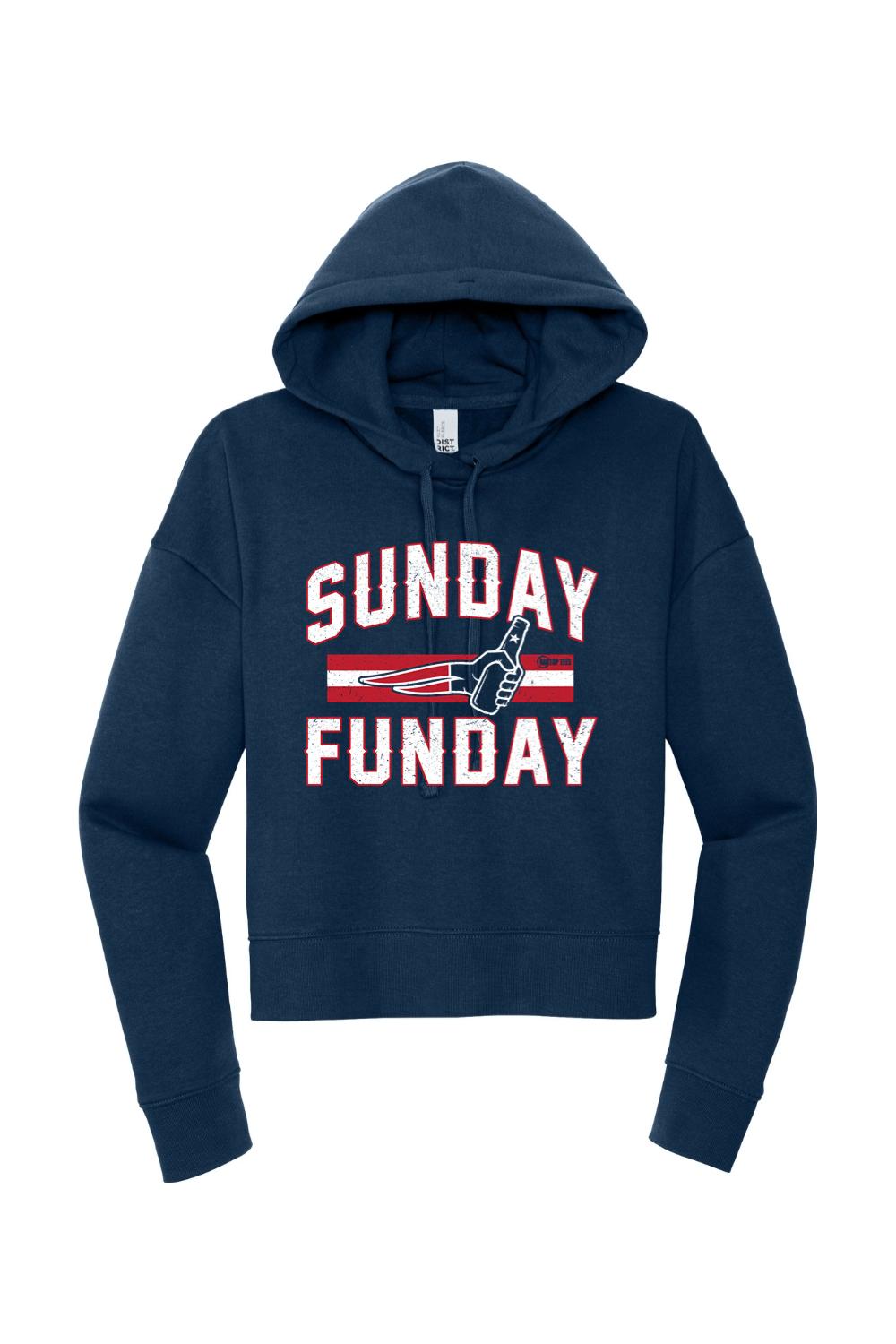 Navy blue modest crop hoodie with a white and red Sunday Funday graphic, drop shoulders, and a cozy fleece hood.