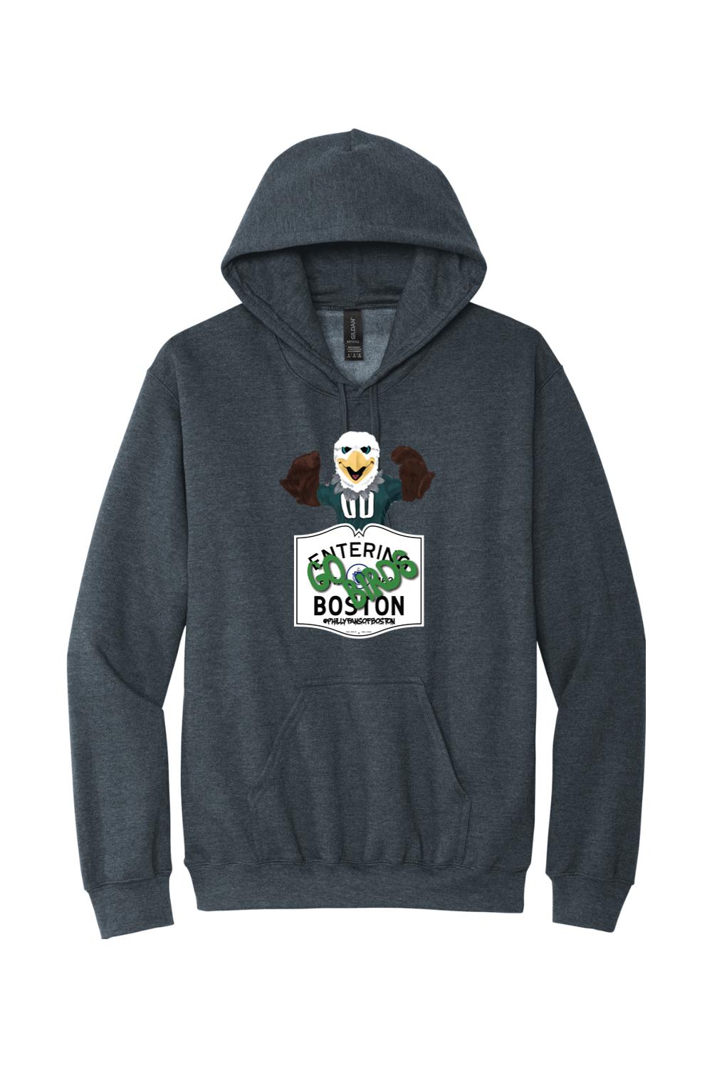 Dark heather grey pullover hoodie featuring a Swoops eagle mascot graphic and Entering Boston text design.