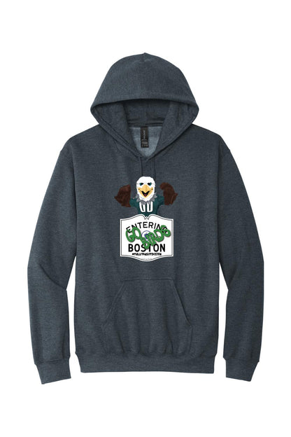 Dark heather grey pullover hoodie featuring a Swoops eagle mascot graphic and Entering Boston text design.
