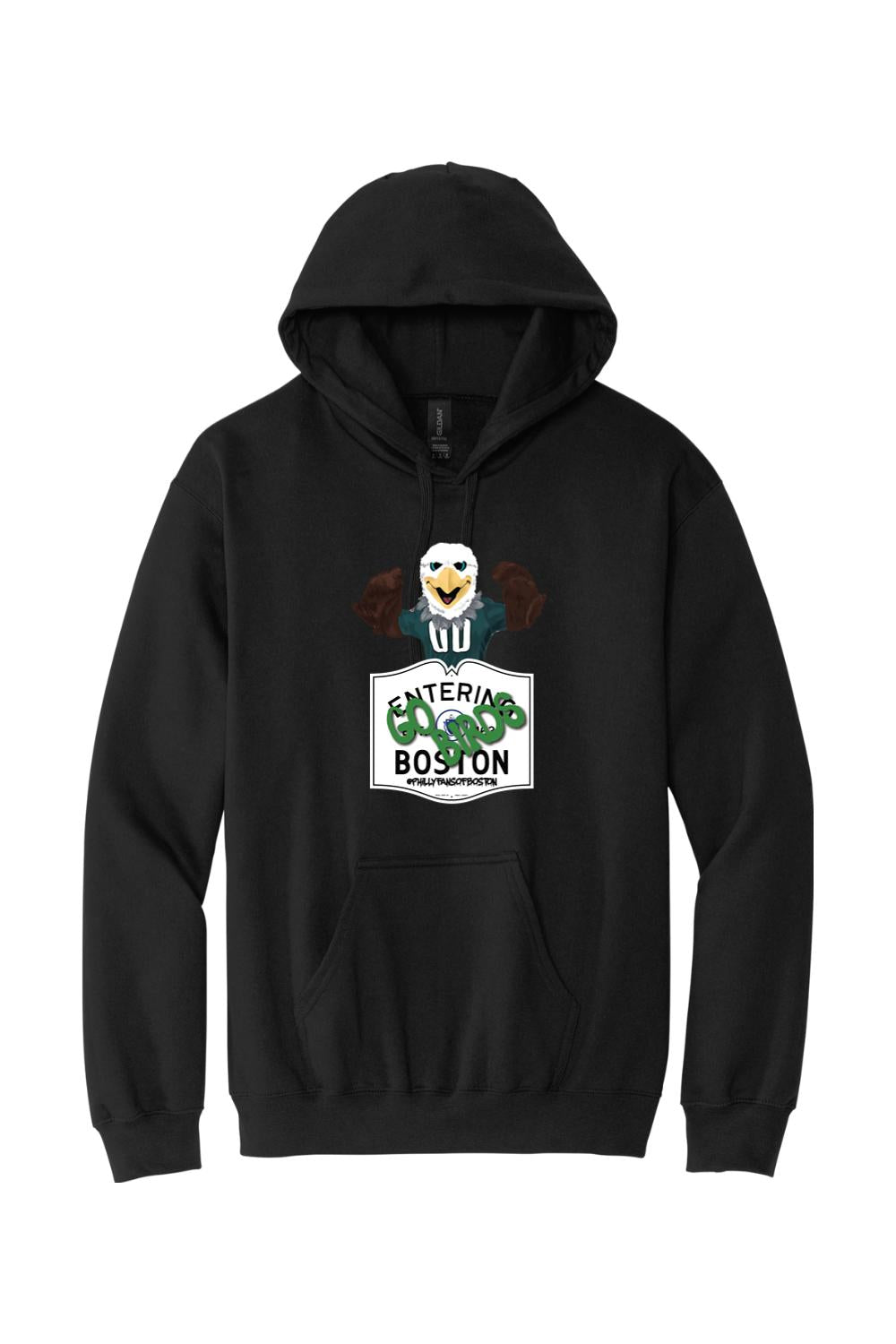 Black cotton-blend hoodie featuring a Swoops eagle mascot graphic and Entering Boston text design.