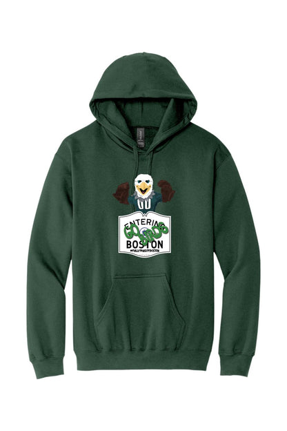 Forest green pullover hoodie featuring a Swoops eagle graphic and Entering Boston sign design on the front.