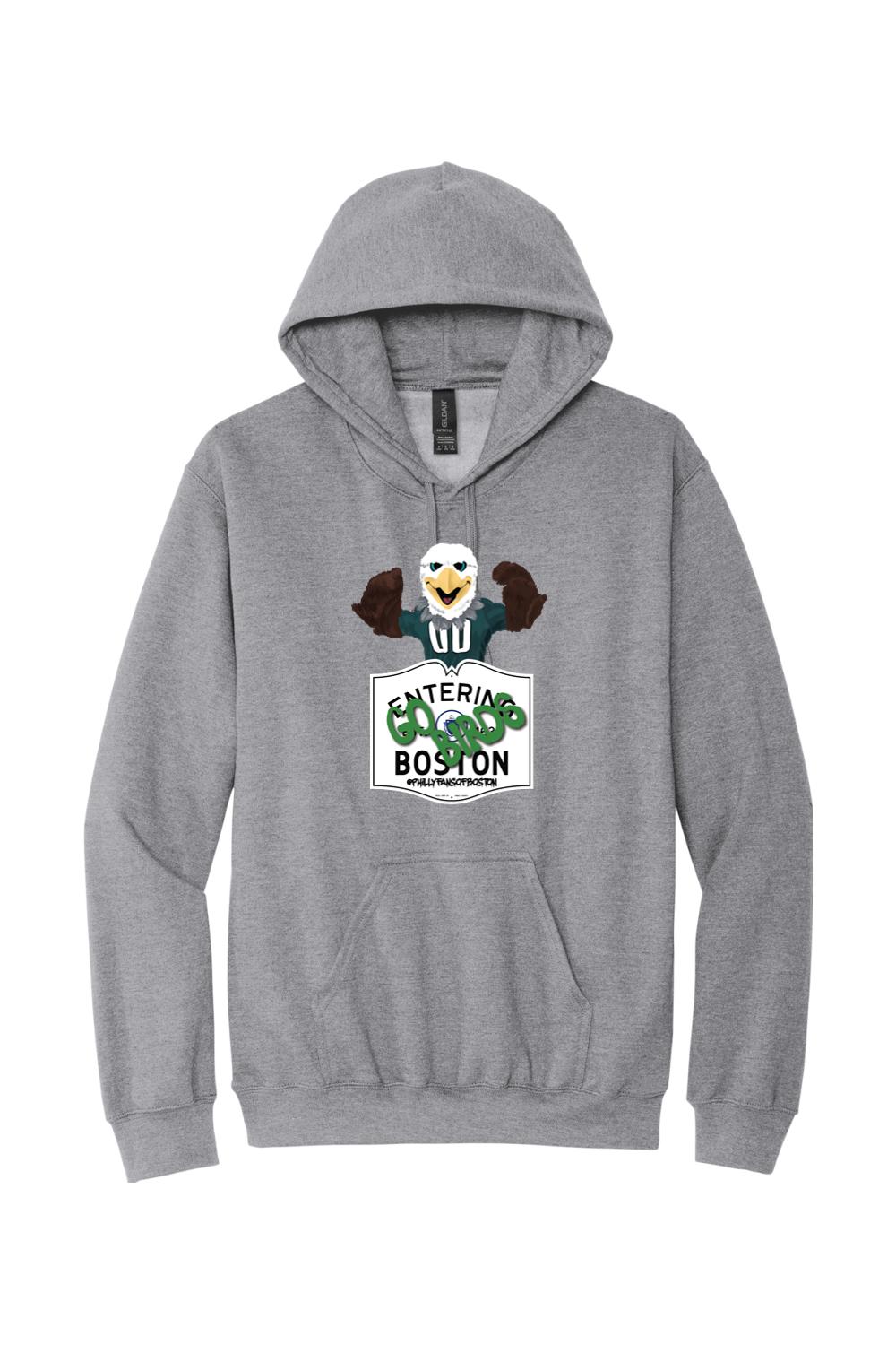 Sport grey cotton-blend hoodie featuring a Swoops eagle mascot graphic and Entering Boston sign design.